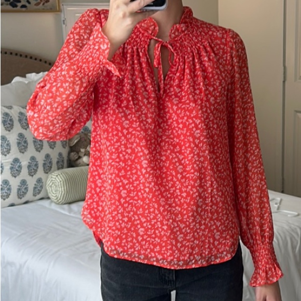 LOFT Orange Pink Long Sleeve Blouse with Mandarin Collar